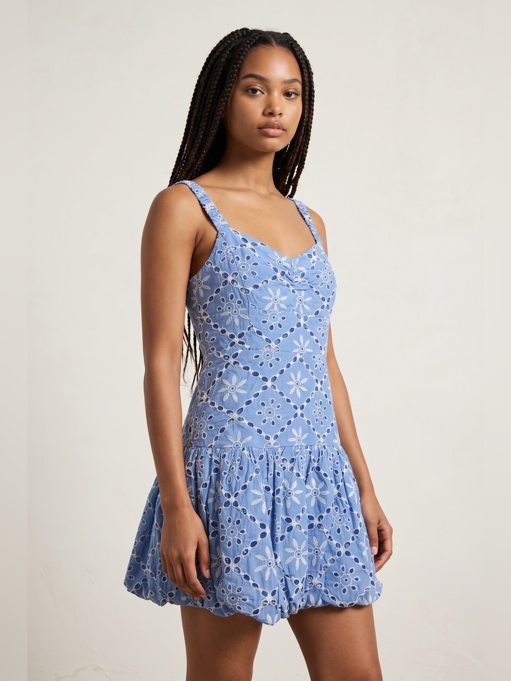 Fate Blue Floral Eyelet Bubble Hem Mini Dress – Size Small